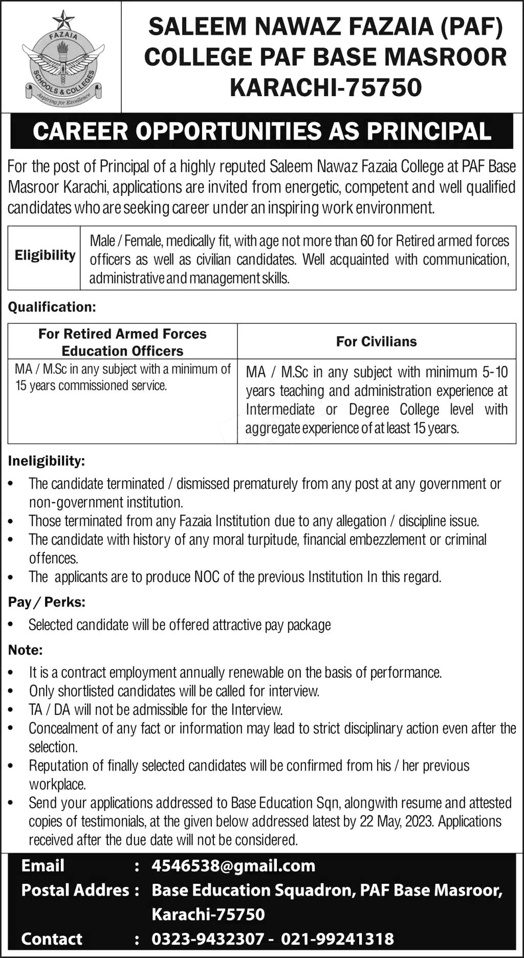 PAF College Jobs 2023 – Saleem Nawaz Fazaia College PAF Base Masroor Karachi