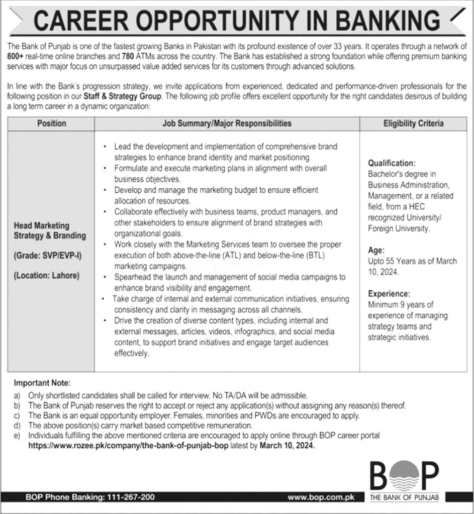 Punjab Bank BOP Jobs 2024 | BOP Careers