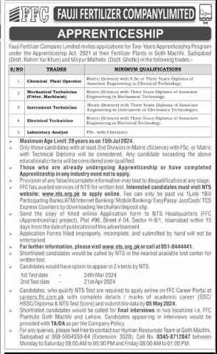 Fauji Fertilizer Company FFC Apprenticeship Program 2024