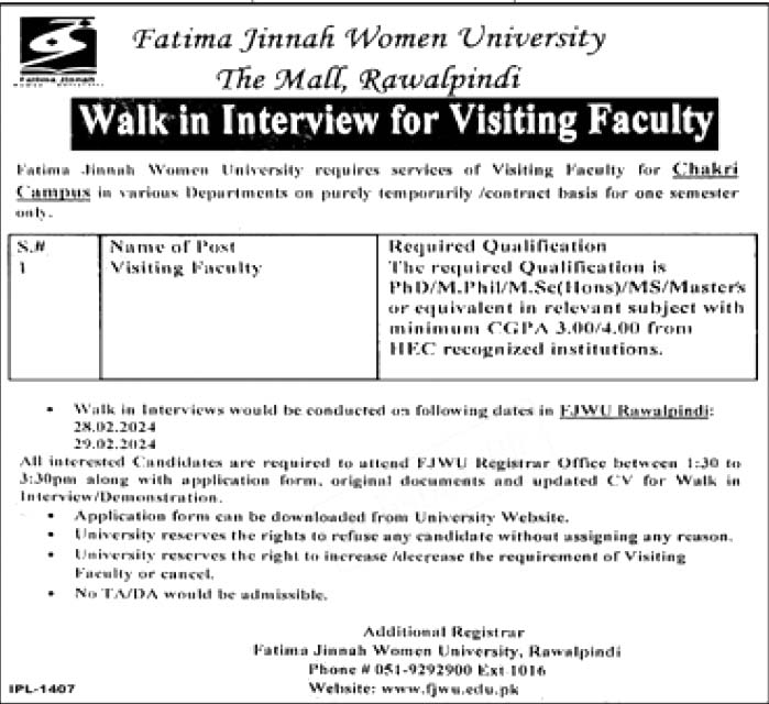 Fatima Jinnah Women University Rawalpindi Jobs 2024