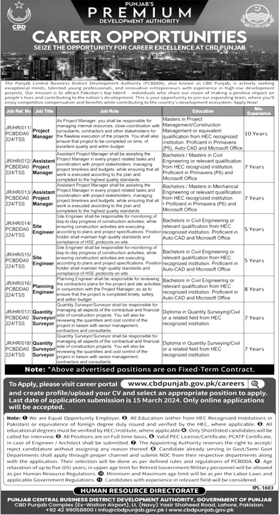 Punjab Central Business District Development Authority Jobs 2024