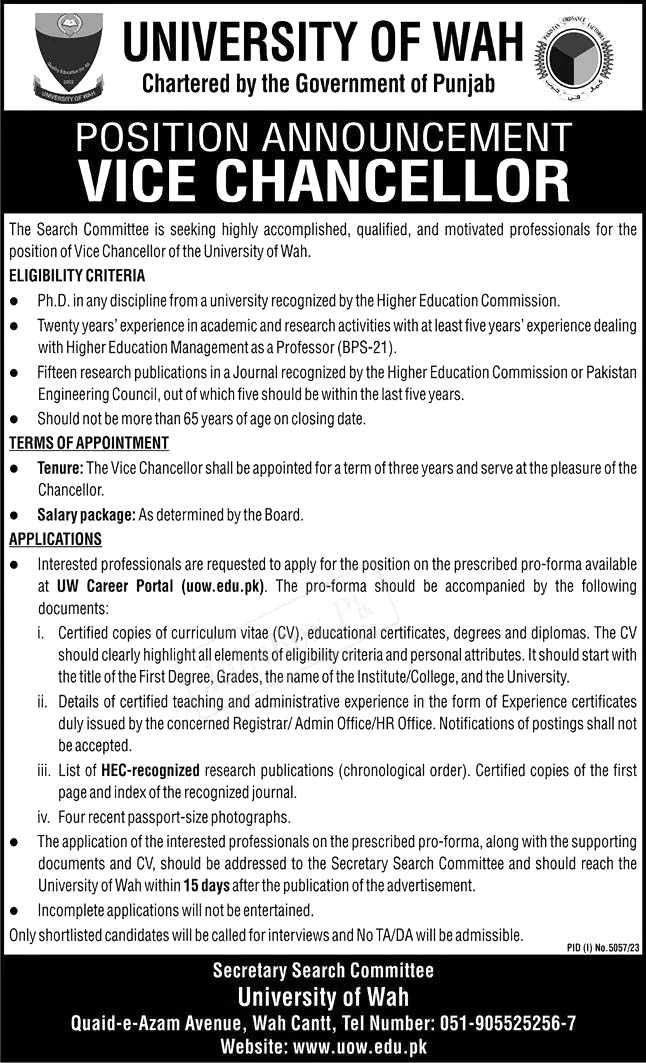 University of Wah Jobs 2024 – Online Apply at Careers.uow.edu.pk