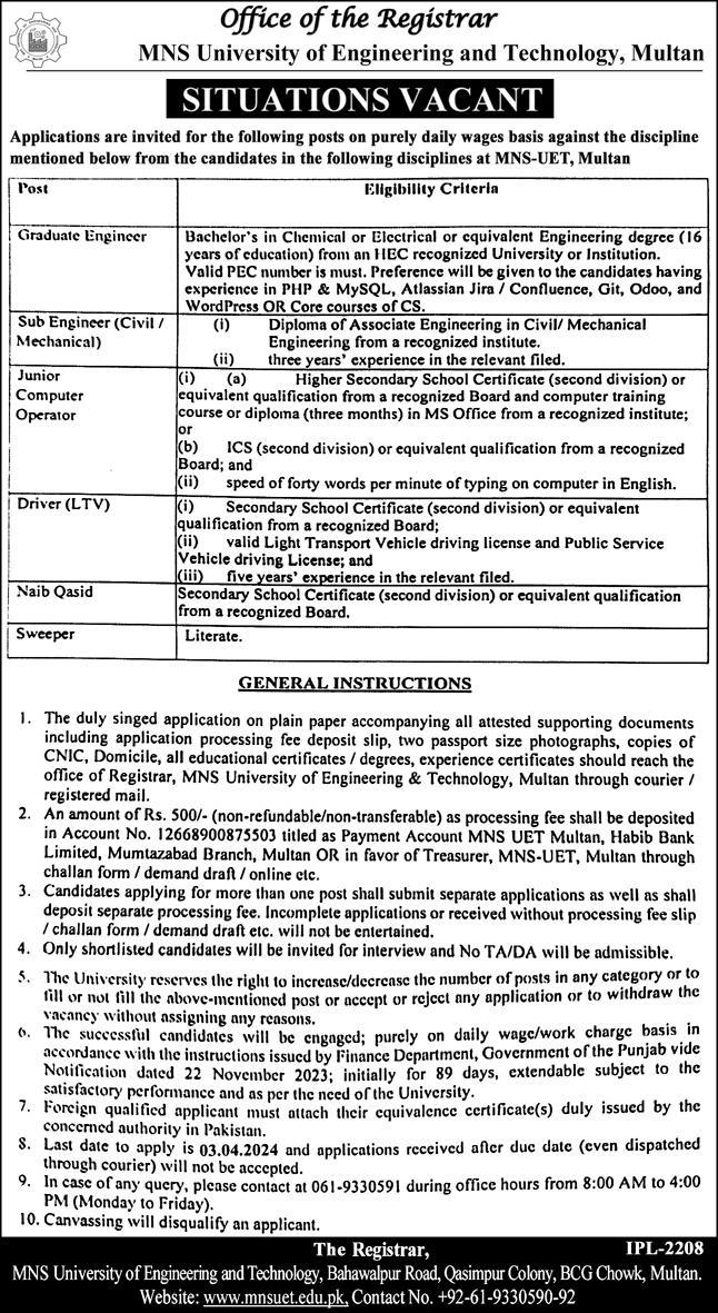 MNS UET Multan Jobs 2024 | Form at www.mnsuet.edu.pk