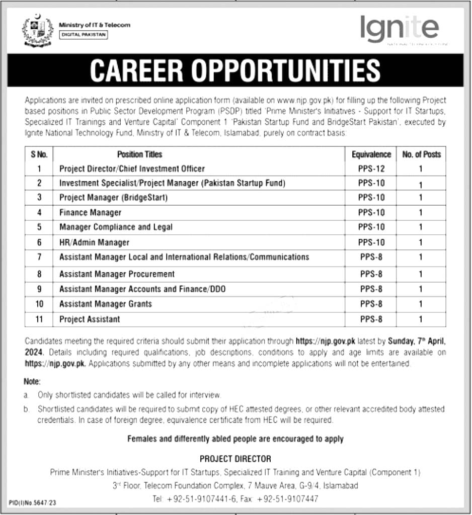 Ministry of IT & Telecom Jobs 2024 – Ignite National Technology Fund Jobs