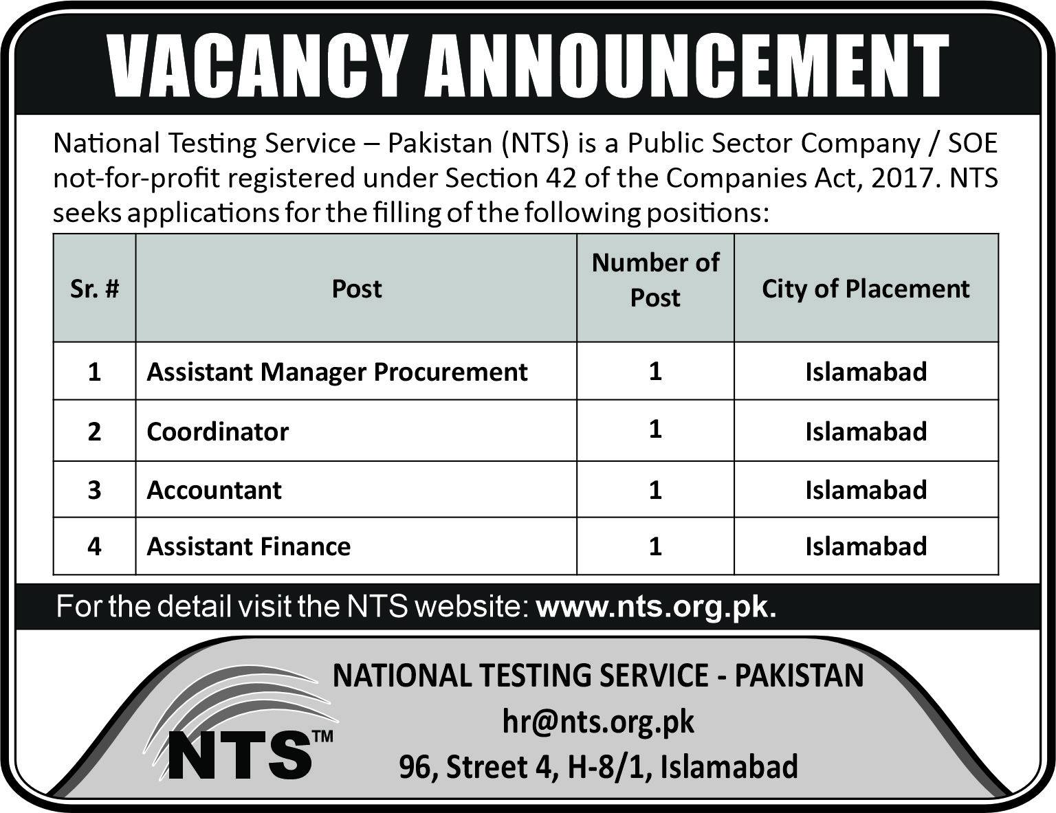 NTS Jobs 2024 National Testing Services of Pakistan