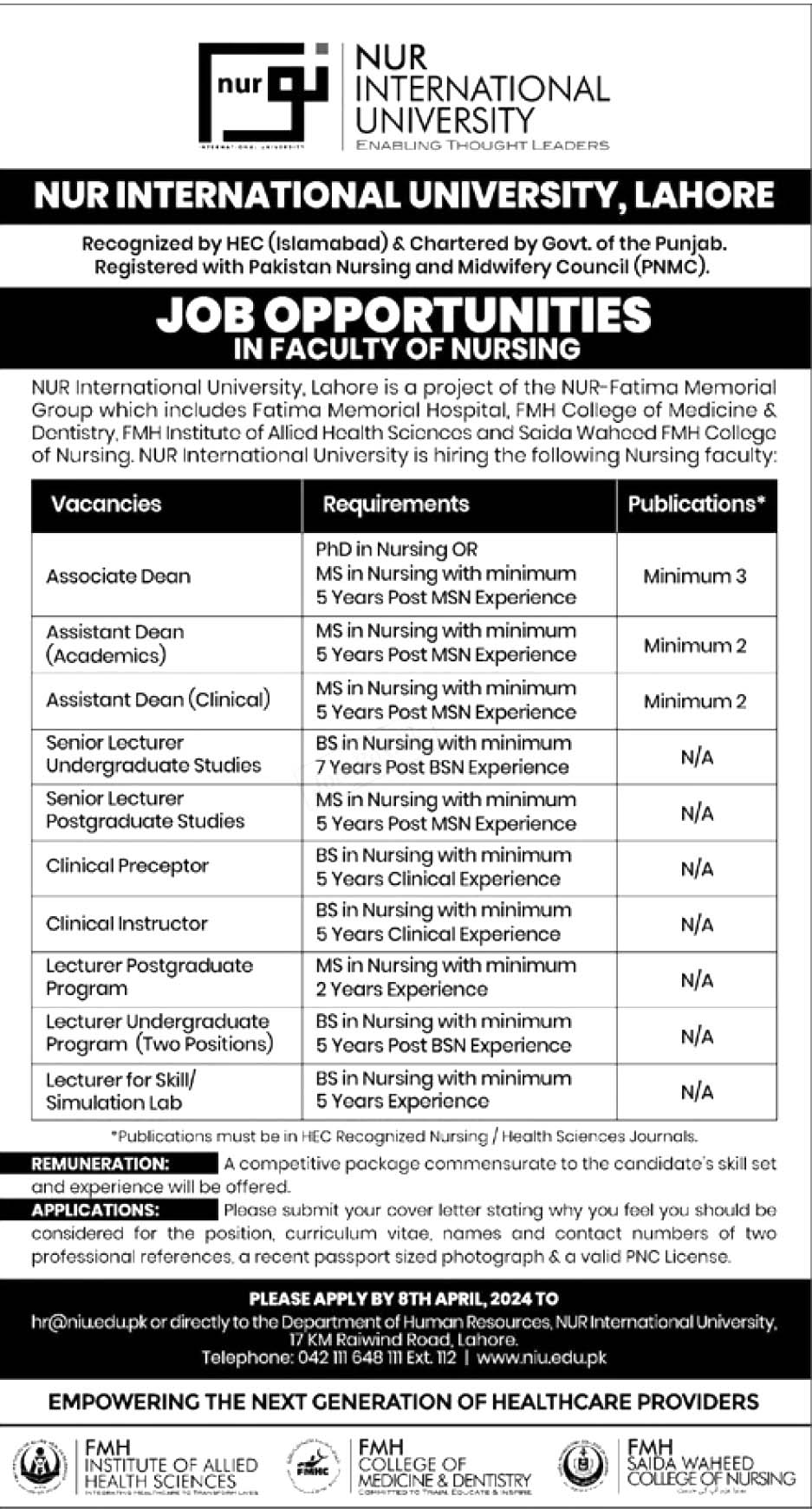 NUR International University Lahore Jobs 2024 | www.niu.edu.pk