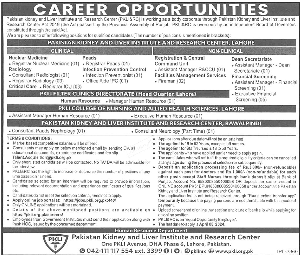 Pakistan Kidney And Liver Institute PKLI Jobs 2024