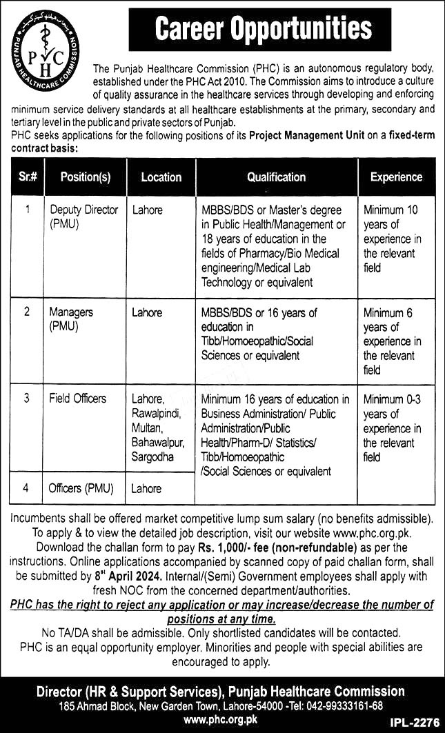 Punjab Healthcare Commission PHC Jobs 2024 | Apply at www.phc.org.pk