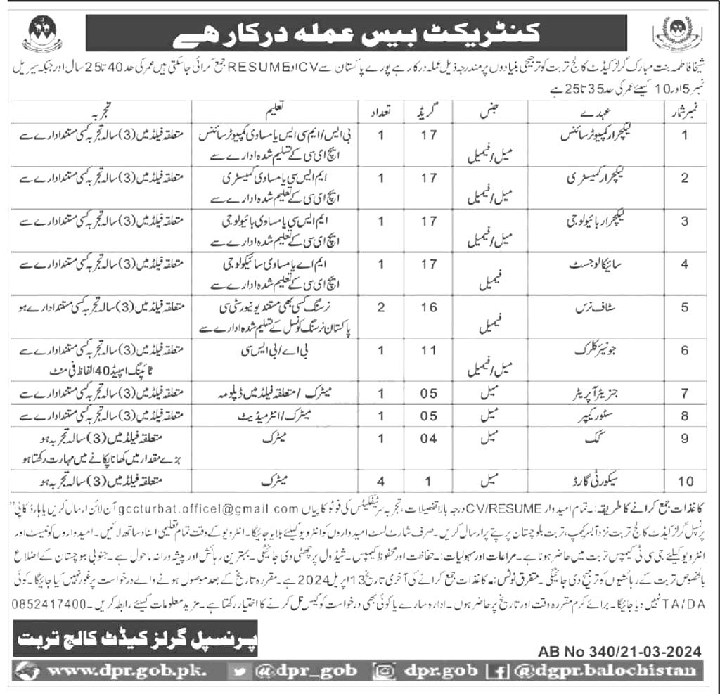 Sheikha Fatima Bint Mubarak Girls Cadet College Turbat Jobs 2024