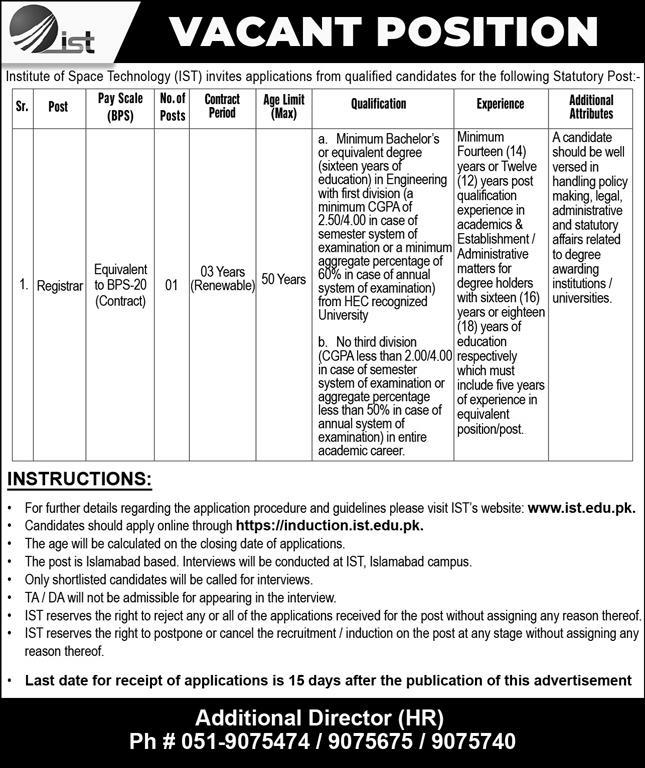 Institute of Space Technology IST Jobs 2024 | www.ist.edu.pk