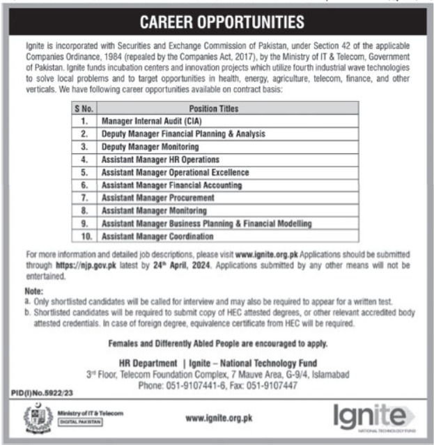 Ministry of IT & Telecom Jobs 2024 – Ignite National Technology Fund Jobs