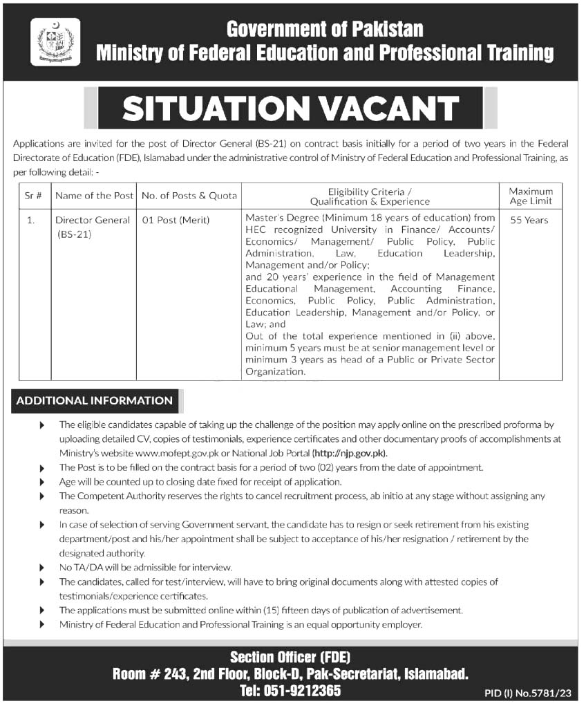 Ministry of Federal Education Jobs 2024 | www.mofept.gov.pk Apply Form