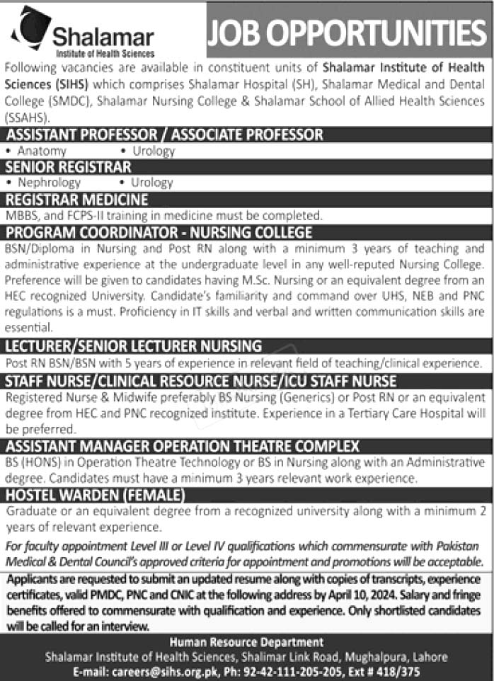 Shalamar Institute Of Health Sciences SIHS Jobs 2024