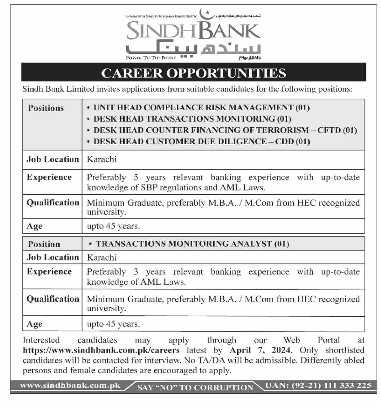 Sindh Bank Jobs 2024 Online Form | www.sindhbank.com.pk