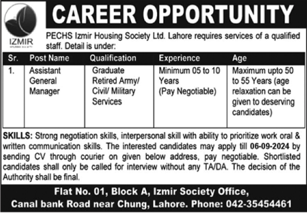 Career Opportunity At PECHS Izmir Housing Society