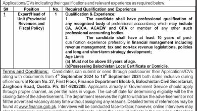 Job Vacancy At Finance Department Balochistan