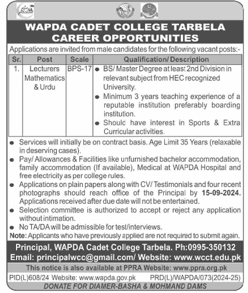 Lecturer Jobs At Wapda Cadet College Tarbela