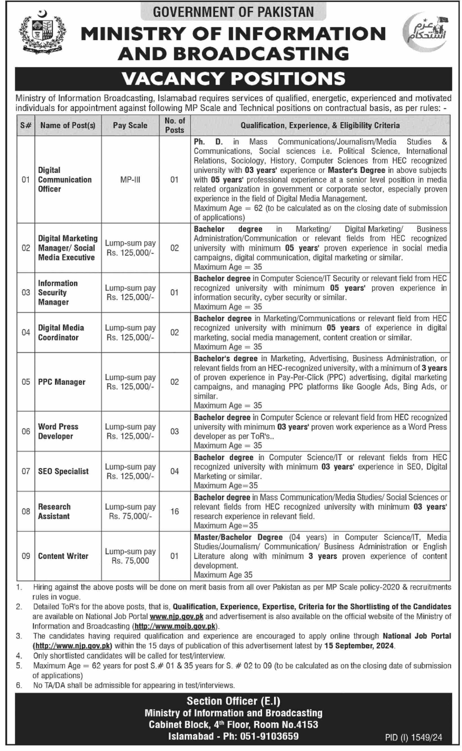 Jobs Vacancies At Ministry Of Information And Broadcasting