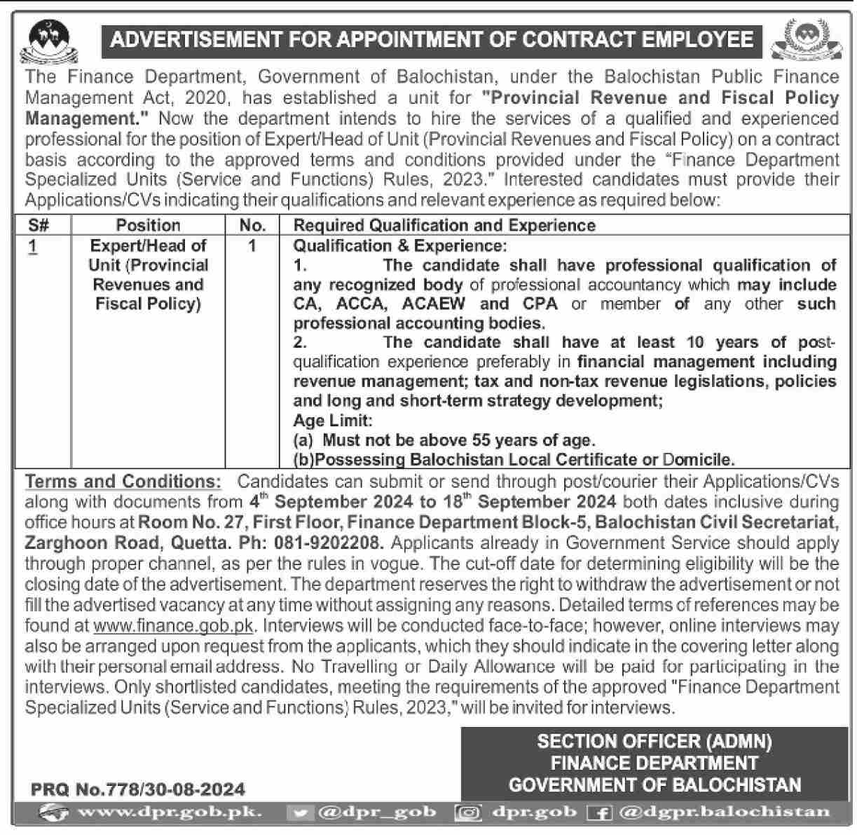 Career Opportunity At Finance Department Balochistan