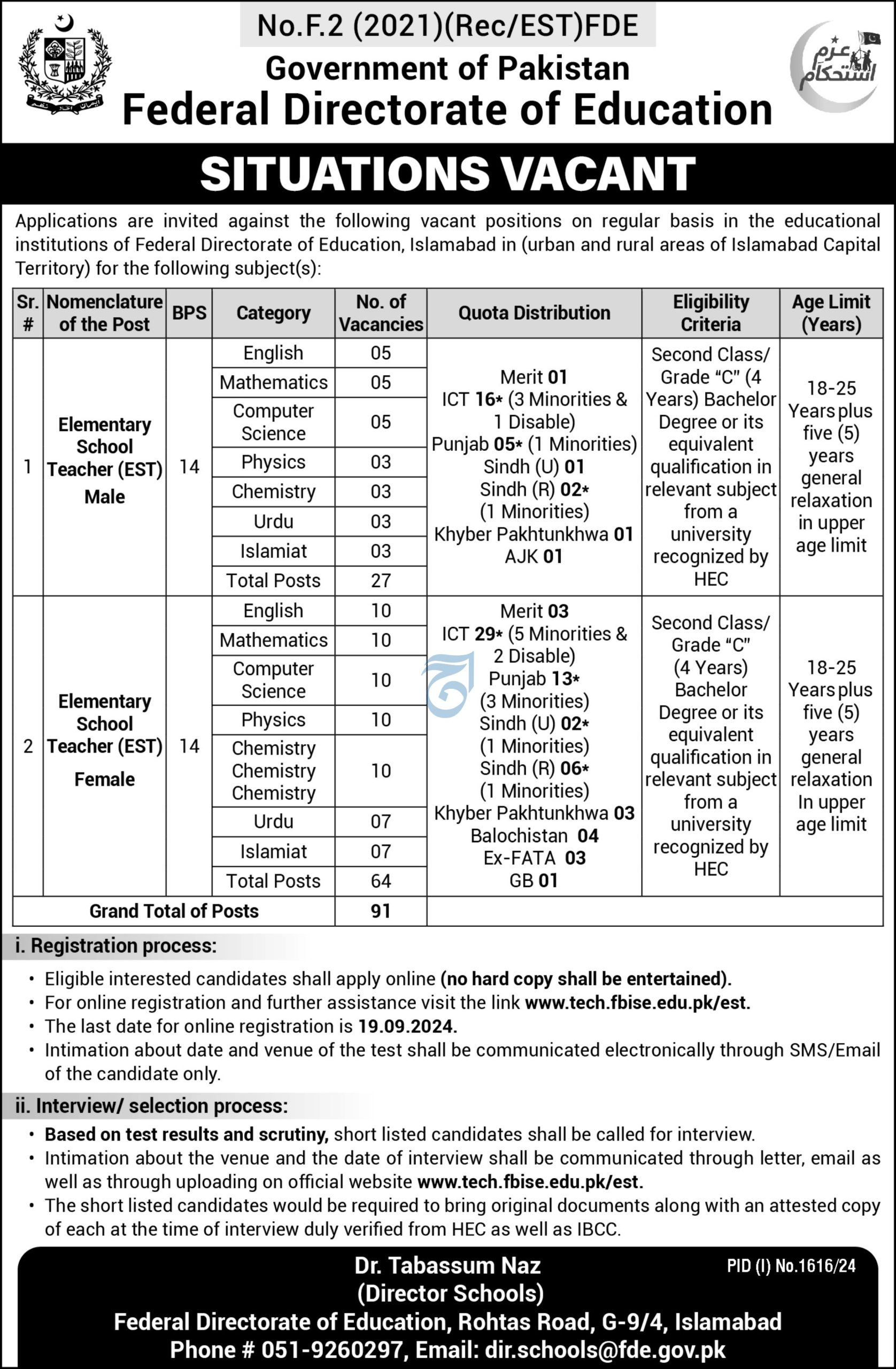 Federal Directorate Of Education FDE Islamabad Jobs Notice