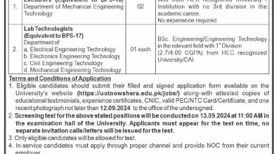 Shuhada E APS University Of Technology Nowshera Jobs 2024