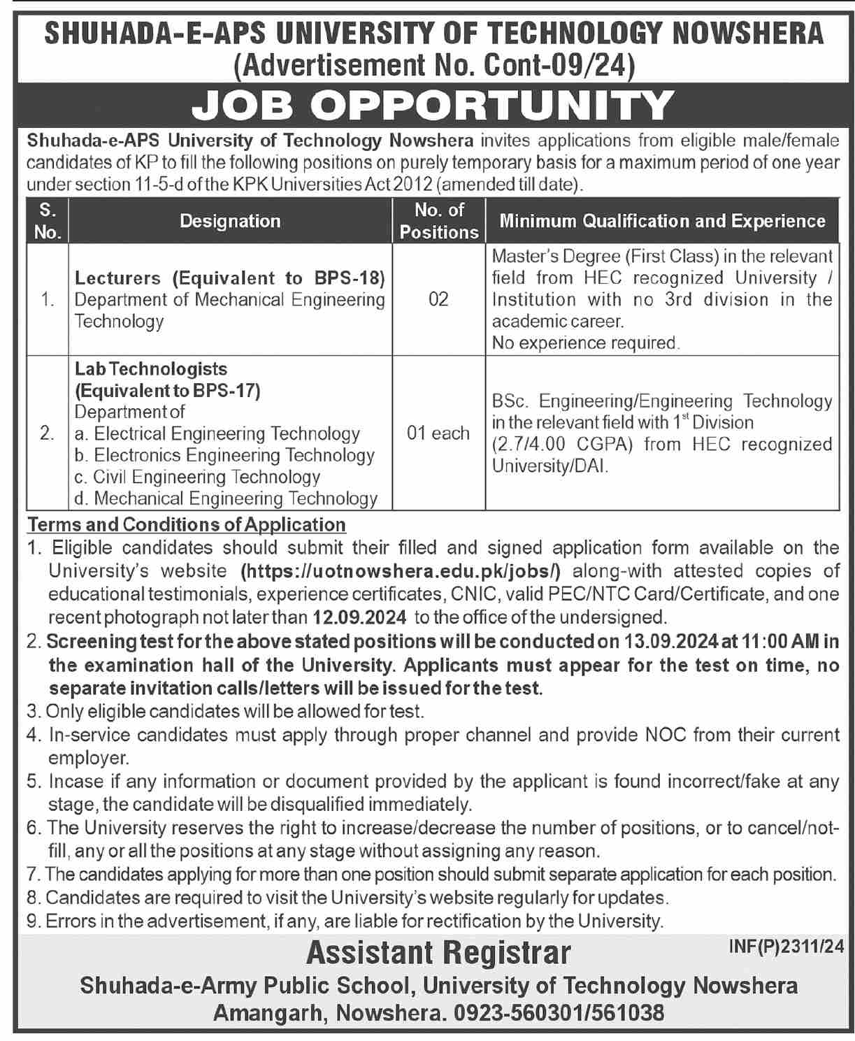 Shuhada E APS University Of Technology Nowshera Jobs 2024