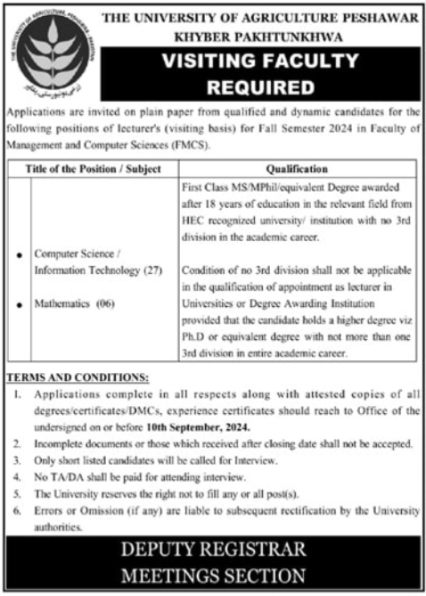 The University Of Agriculture Peshawar Jobs 2024