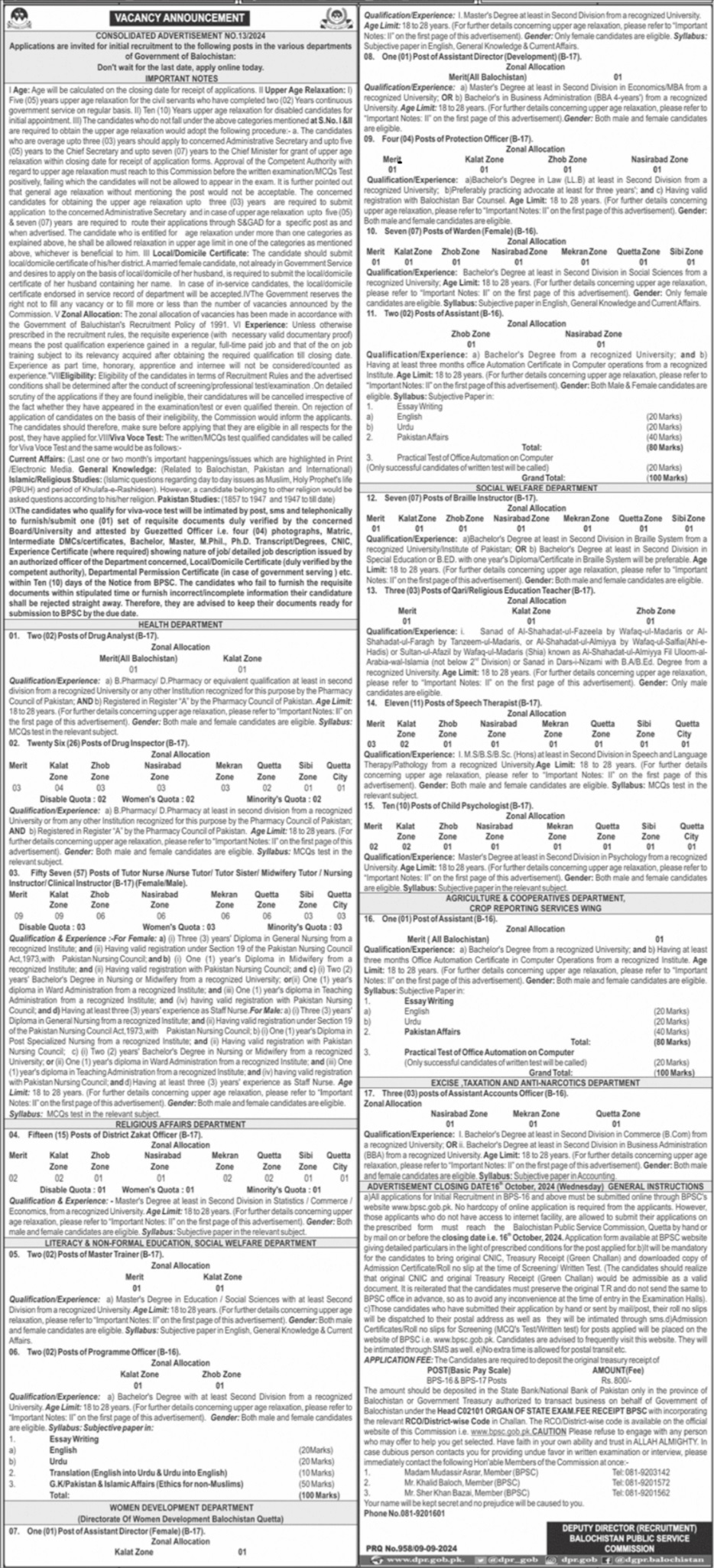 Advertisement No 13/2024 For Jobs At BPSC