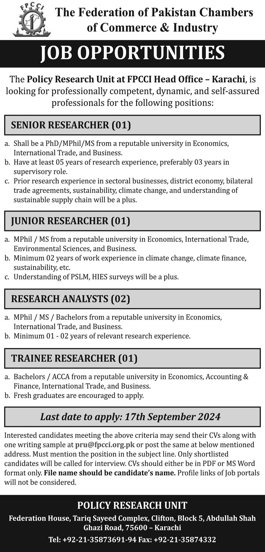 Positions Vacant At The Federation Of Pakistan Chambers