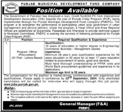 Job Vacancy At Punjab Municipal Development Fund Company