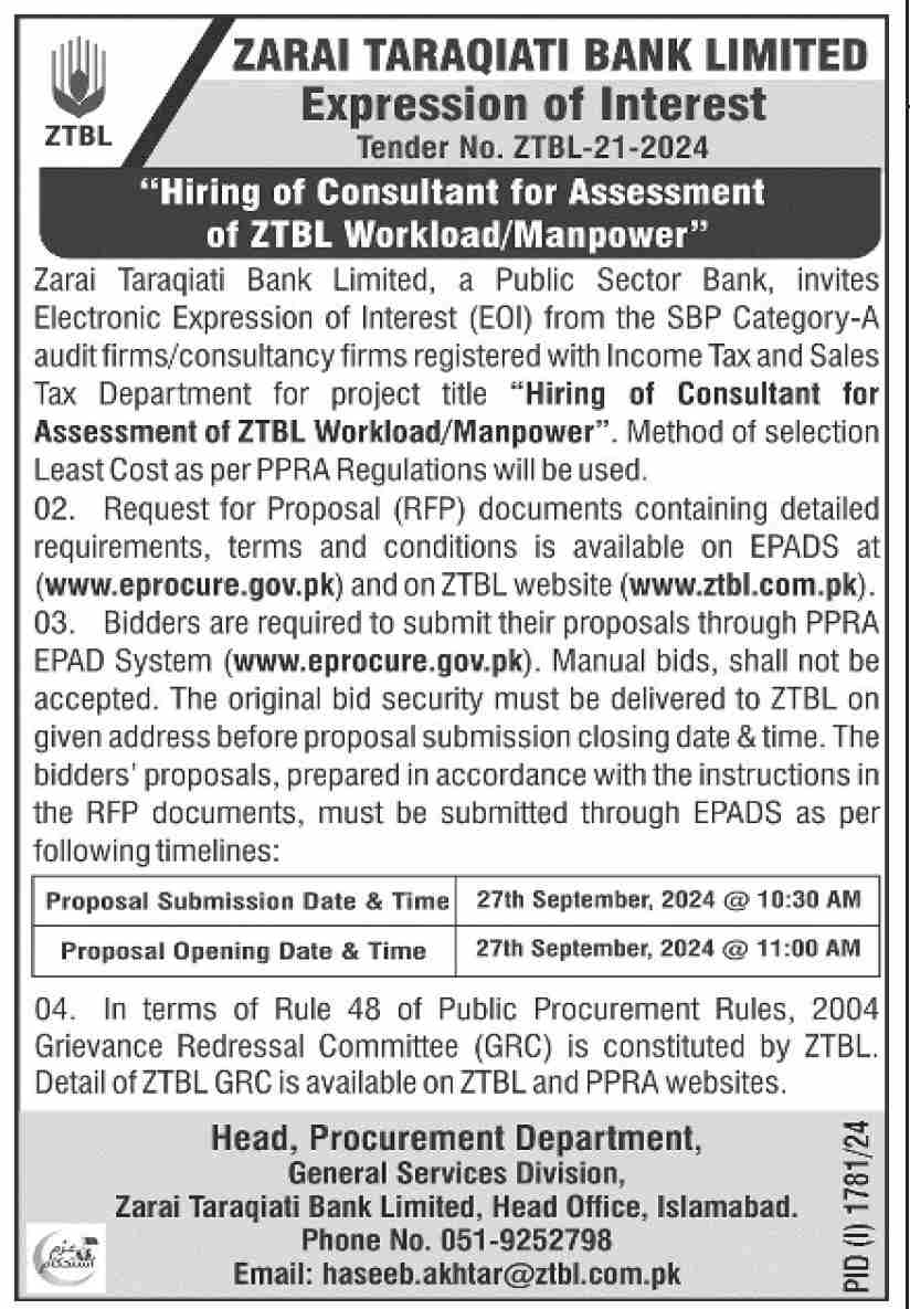 Consultant Job At Zarai Taraqiati Bank Limited ZTBL