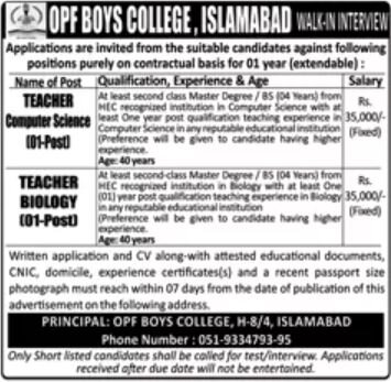 Latest OPF Boys College Islamabad Jobs 2024