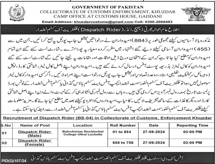 Tests For Jobs At Customs Department Khuzdar