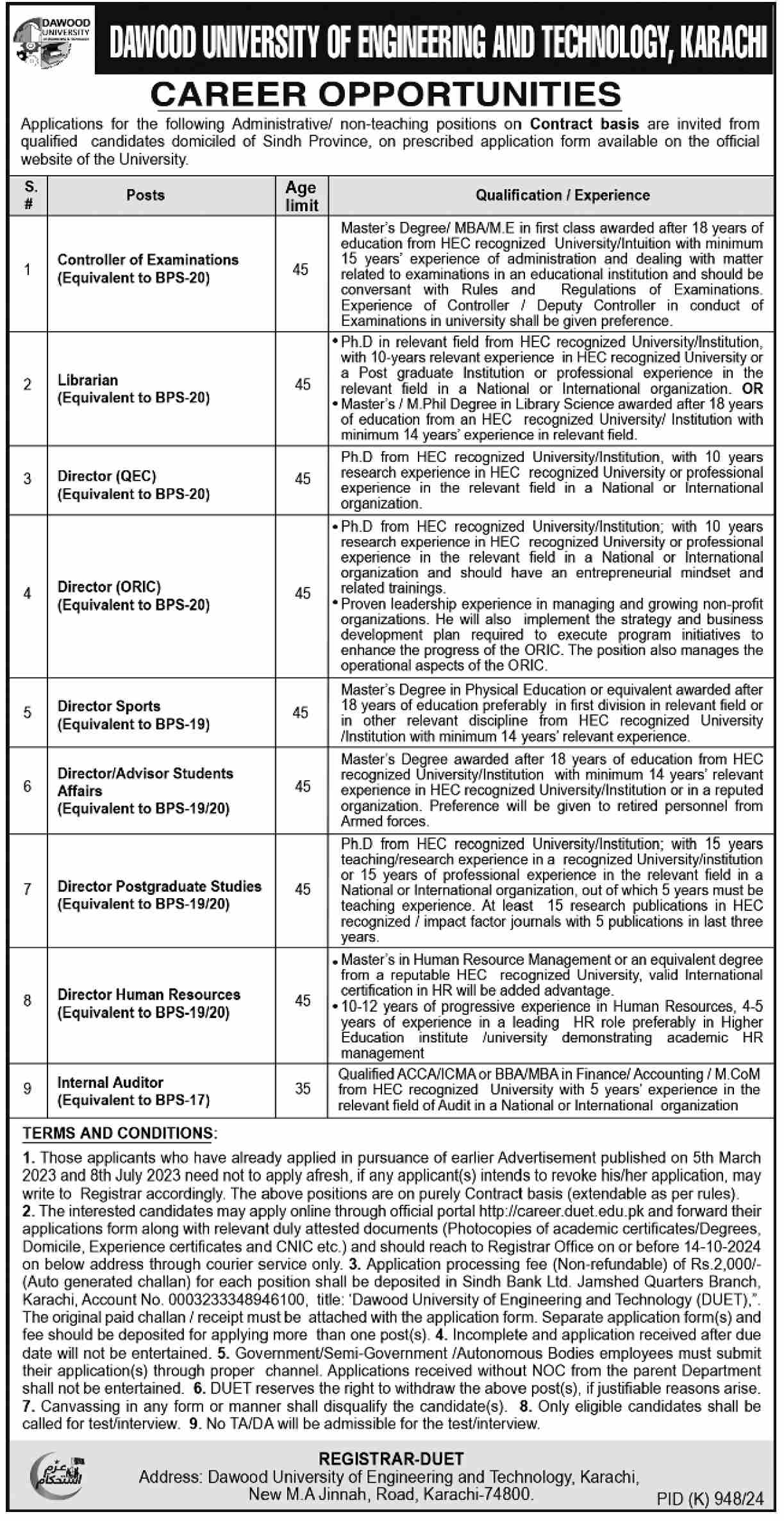 Dawood University of Engineering & Technology Karachi Jobs 2024 Job Advertisement Pakistan