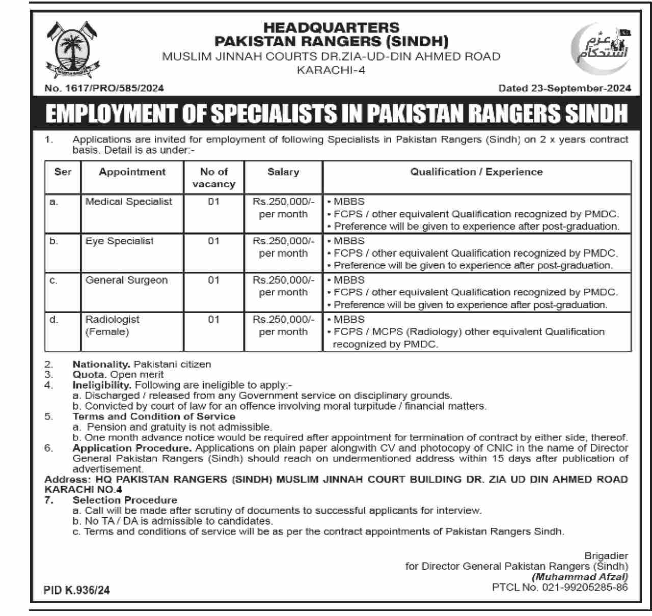 Pakistan Rangers Karachi Jobs 2024