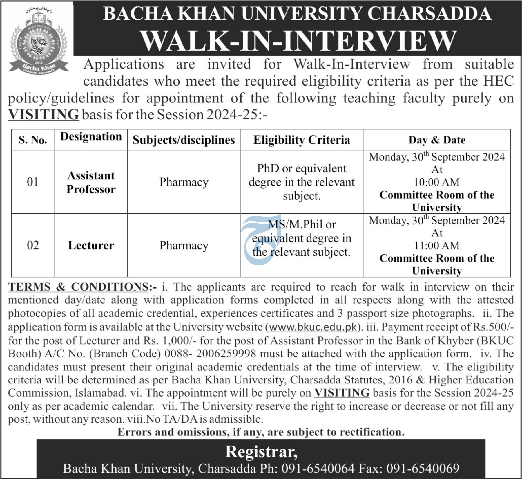 Walk In Interviews For Jobs At Bacha Khan University