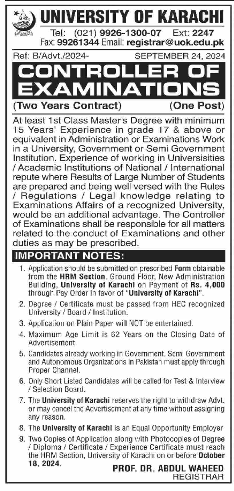 Job Opportunity At University Of Karachi