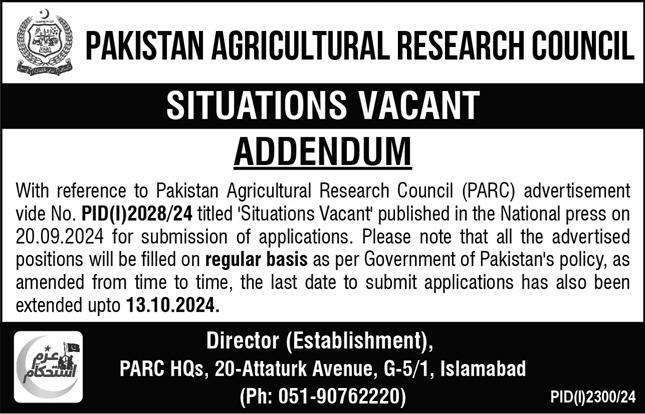 Job Positions At Pakistan Agricultural Research Council